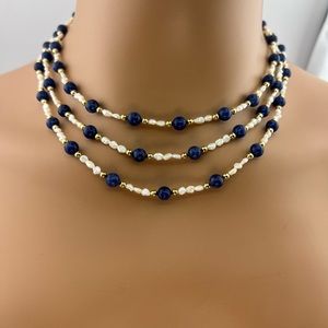 Freshwater Seed Pearl Lapis Gold Toned 16 inch Choker Maybe Vintage